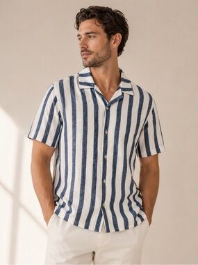 Houston White Striped Short Sleeve Button-Up Blue & White M Vacation Resortwear